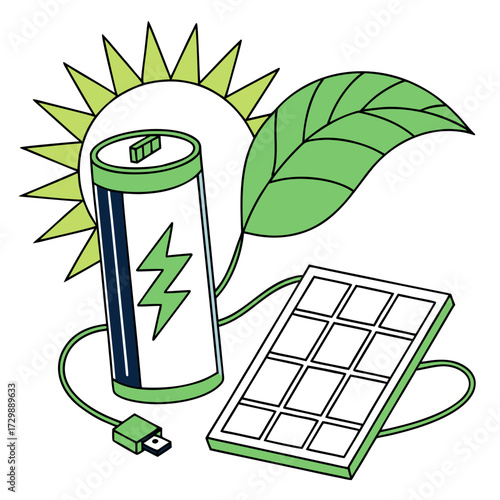 Illustration of a solar panel connected to a battery with a lightning bolt symbol and a green leaf and sun in the background representing clean energy and sustainability