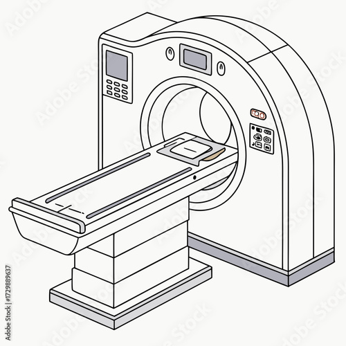 Illustration of a modern medical diagnostic imaging machine a ct scanner with a patient examination table ready for use in a clinical setting