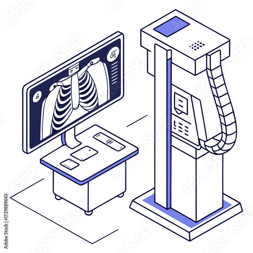 Isometric illustration of a medical imaging machine displaying a chest x ray on a monitor representing advanced healthcare technology and diagnostics in a modern clinic or hospital setting
