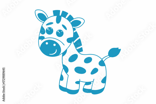 Adorable turquoise cartoon giraffe with large endearing eyes smiles softly, isolated on white