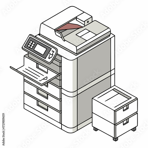 Isometric illustration of a modern office copier machine with multiple paper trays and a separate paper storage unit clean line art style with subtle shading
