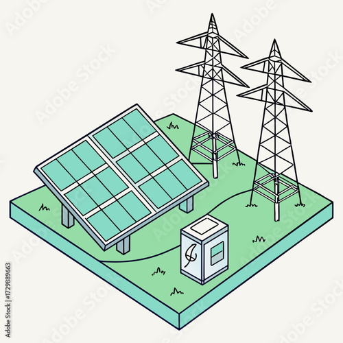 Isometric illustration of a solar panel array connected to electrical transmission towers and a power substation box representing renewable energy infrastructure and sustainable power generation