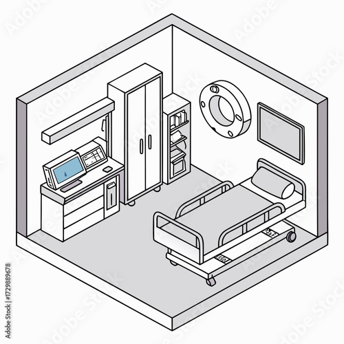 Isometric view of a modern hospital room featuring a medical bed computer workstation storage cabinet and medical equipment perfect for healthcare illustrations and designs