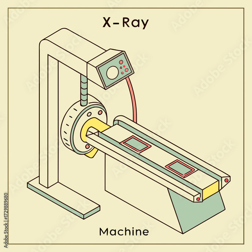 Isometric illustration of an x ray machine with a patient bed and control panel representing medical imaging technology and diagnostic equipment in a clean modern style