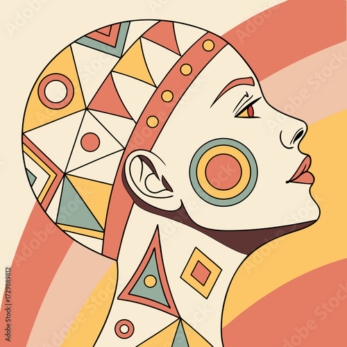 Stylized profile of a woman s face adorned with geometric patterns and tribal markings in warm earthy tones against a pastel background with abstract rainbow elements
