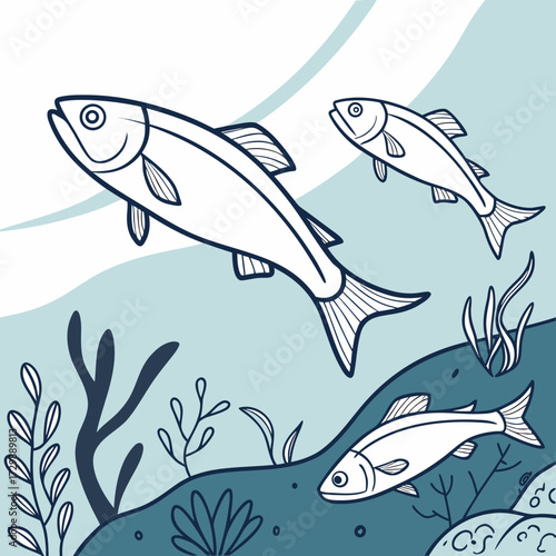Three stylized outline fish swim gracefully through a serene blue underwater scene with abstract wavy lines and dark blue aquatic plants and seabed details