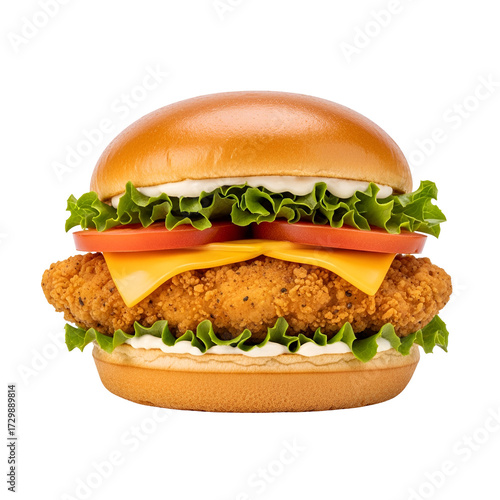 Crispy Fried Chicken Sandwich with Lettuce Tomato and Cheese on Black burger fast food