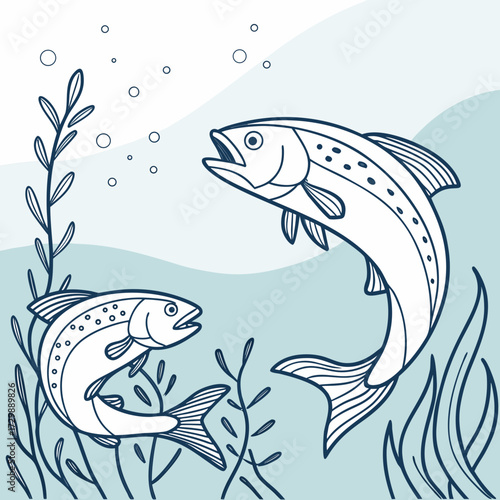 Two stylized salmon fish swimming in clear blue water surrounded by aquatic plants and bubbles depicted in a simple outline drawing style with a minimalist aesthetic