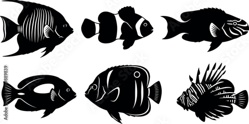 Vector art of set of six black silhouette fish species including angelfish, clownfish, and lionfish
