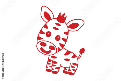 Adorable zebra character stands with playful expression, featuring vibrant red markings and a cute pose