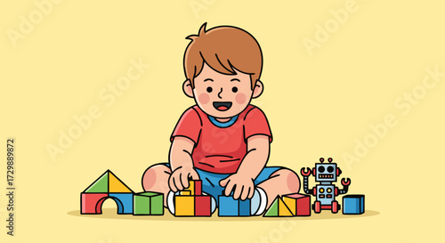 A happy young boy sits on the floor, surrounded by colorful building blocks and a toy robot, enjoying playtime and creative development