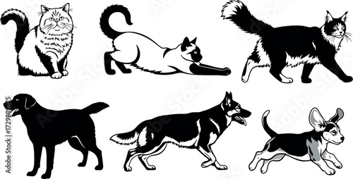 Vector art of collection of six black silhouette domestic animals including cats and dogs