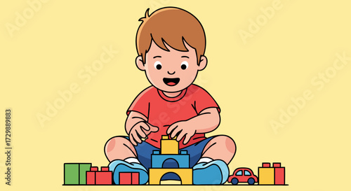 Happy young boy building with colorful wooden blocks on a light yellow background, enjoying playtime and childhood development activities