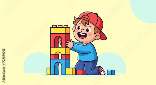 Young boy happily playing with colorful building blocks, constructing a tower, educational toy for childhood development and creative fun