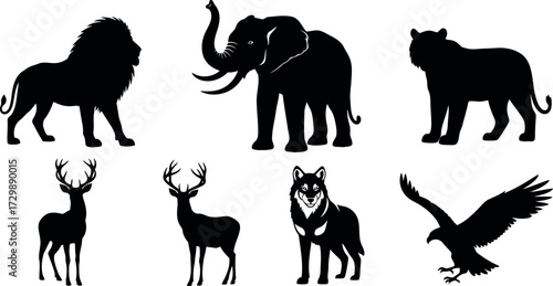 Vector art of collection of animal silhouettes including lion, elephant, tiger, deer, wolf, and eagle