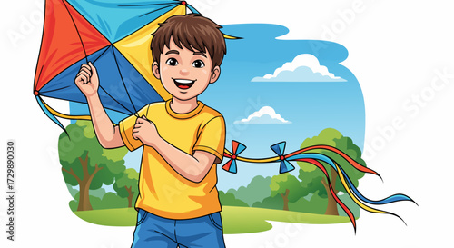 Joyful boy cheerfully flying a colorful kite outdoors on a sunny day, with lush green trees and a blue sky in the background, perfect for summer themes and childhood activities