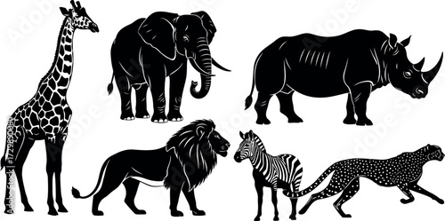 Vector art of african savanna animal silhouettes including giraffe, elephant, rhino, lion, zebra, and cheetah