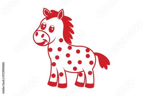 Animated pony figure with white body and red spots presents a friendly, cartoon look