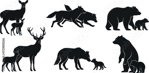 Vector art of collection of animal silhouettes including deer, wolves, and bears with their young