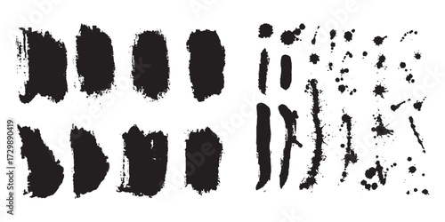 Abstract black ink splatters and smudges on scattered shapes texture isolated on white background