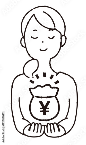 大事そうに資金を抱える女性_線画