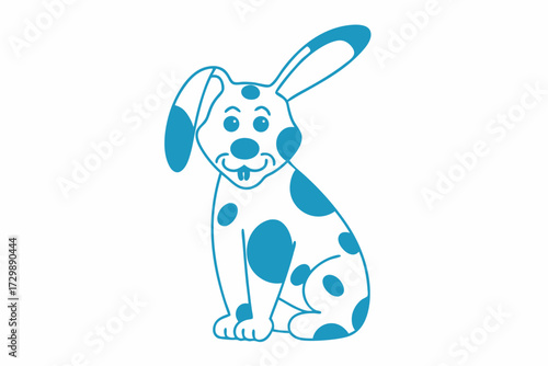 Blue cartoon bunny with spots sits and stares forward on a plain white backdrop