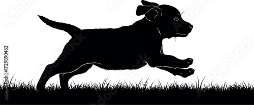 Vector art of silhouette of a black puppy running through grass