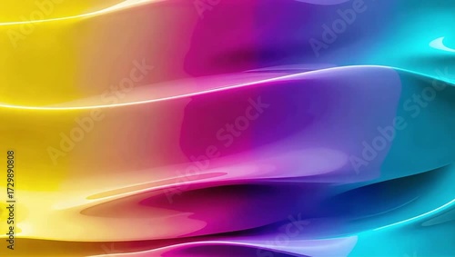 Mesmerizing liquid-like iridescent surfaces with smooth undulations, generating a futuristic and beautiful animated background in a spectrum of vibrant hues