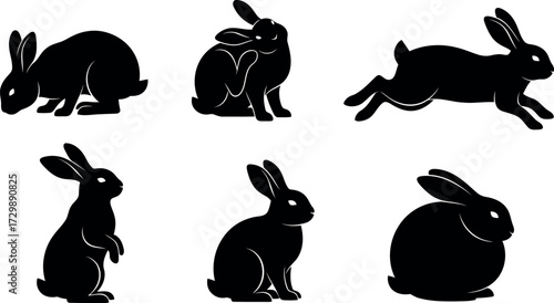 Vector art of set of six black rabbit silhouettes in various poses
