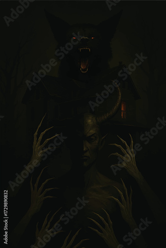 A scary dark halloween gothic woman person with a skull mask and evil demon face in a black costume