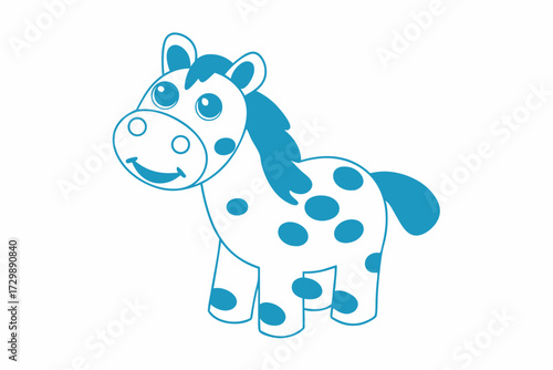 Blue outlined cartoon pony displays cheerful smile and playful spots across its body