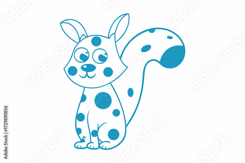 Blue outlined cartoon rabbit with squirrel tail poses with a dotted pattern