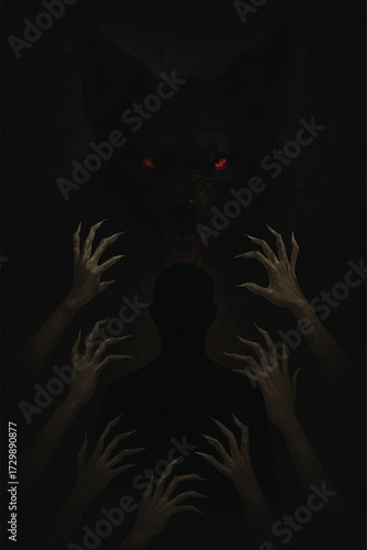 A spooky feline with glowing yellow eyes lurks in the dark, a cute black kitten turned scary Halloween ghost and zombie