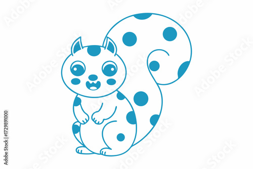 Blue outlined squirrel standing upright with polka dots, and small paws, smiling sweetly