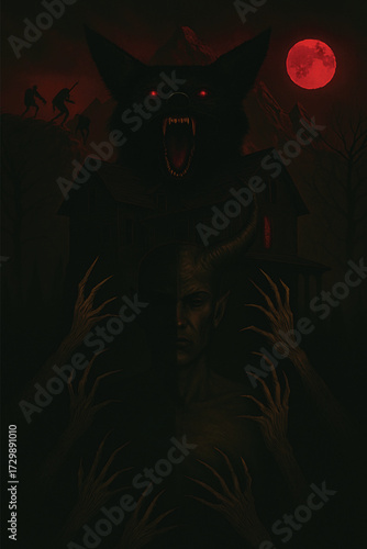 An illustration of a spooky gothic woman and a black cat under a dark night moon with a scary pumpkin and skull face for a Halloween background