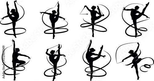 Vector art of set of rhythmic gymnasts performing with ribbons