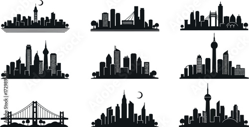 Vector art of collection of city skyline silhouettes