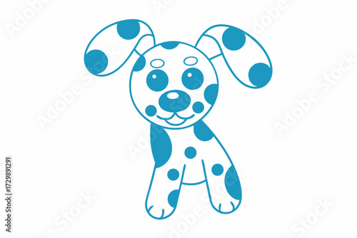 Blue puppy outline stands on white surface with dark spots adorning its body