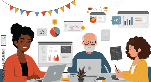 Multigenerational and diverse tech team working together on laptops, illustrating collaboration, software development, and business analytics