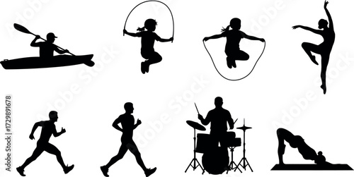 Vector art of collection of diverse silhouette activities including sports, music, and dance