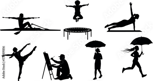 Vector art of collection of diverse silhouette activities including sports, art, and leisure