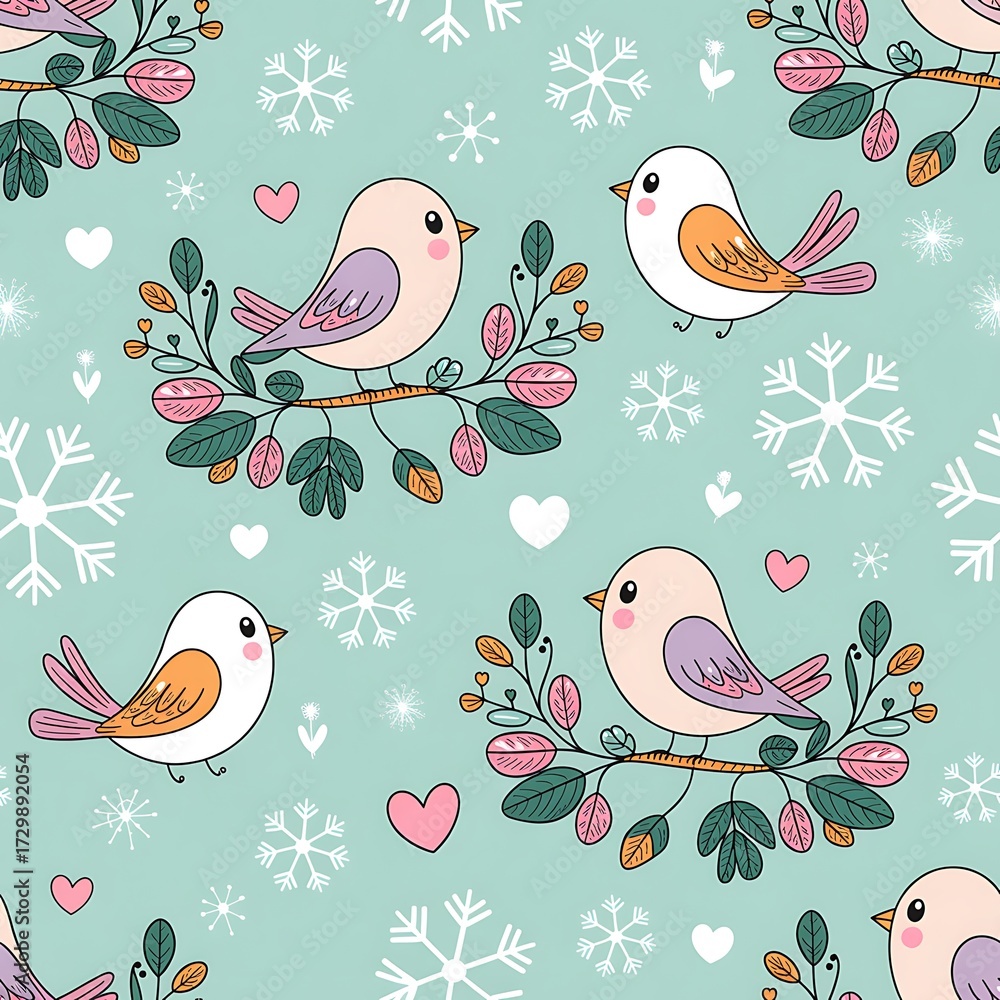 Fototapeta premium Winter Birds and Botanicals Seamless Pattern – Elegant Holiday Digital Paper with Songbirds, Leaves, and Snowy Floral Background for Scrapbooking & Crafts