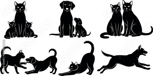 Vector art of group of black cat and dog silhouettes