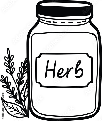 herb jar with label line art on transparent background