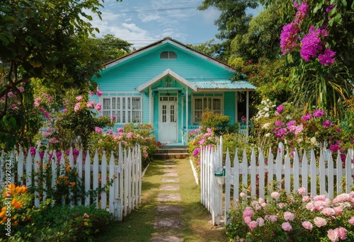 Charming turquoise cottage surrounded by vibrant flowers and a white picket fence