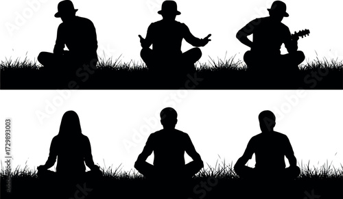 Vector art of silhouettes of people meditating and playing guitar on grass