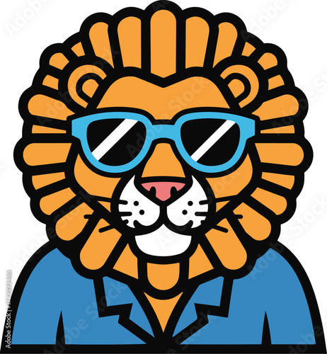 A cool and quirky cartoon lion bust wearing blue sunglasses and a matching blue suit jacket. 