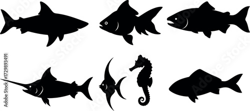 Vector art of collection of various fish silhouettes including shark, goldfish, salmon, swordfish, angelfish, seahorse