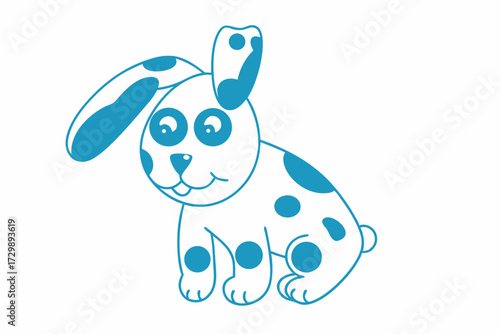 Blue spotted stylized rabbit sits happily with big eyes on a white background