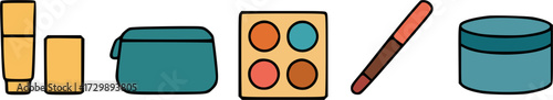 A collection of cosmetic items including makeup brushes, eyeshadow palettes, and containers, presented in a clean, minimalist graphic style.